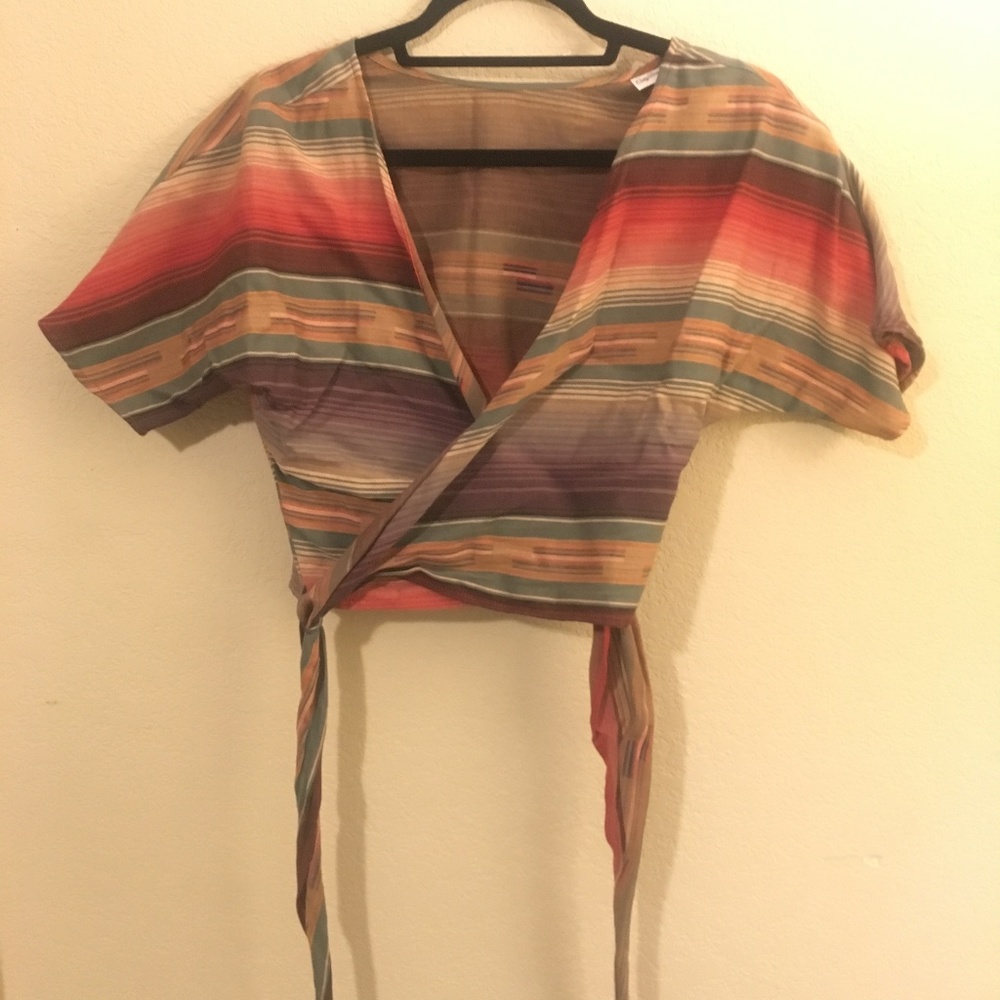 Cropped tie waist southwestern wrap shirt